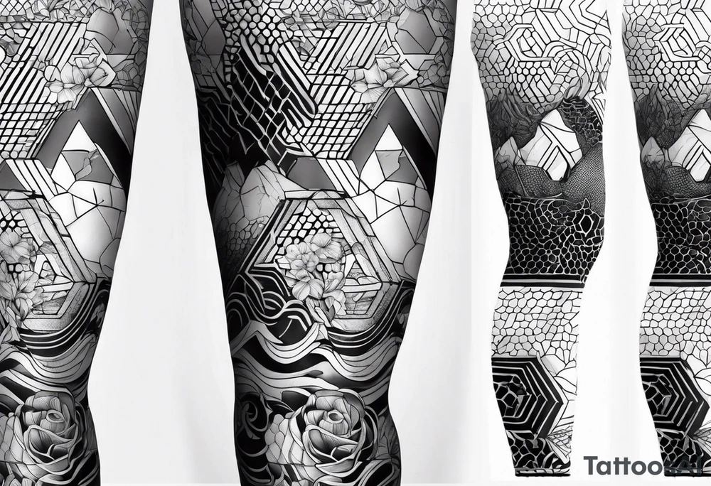 geometric full male leg sleeve honeycomb ocean tattoo idea