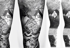 geometric full male leg sleeve honeycomb ocean tattoo idea