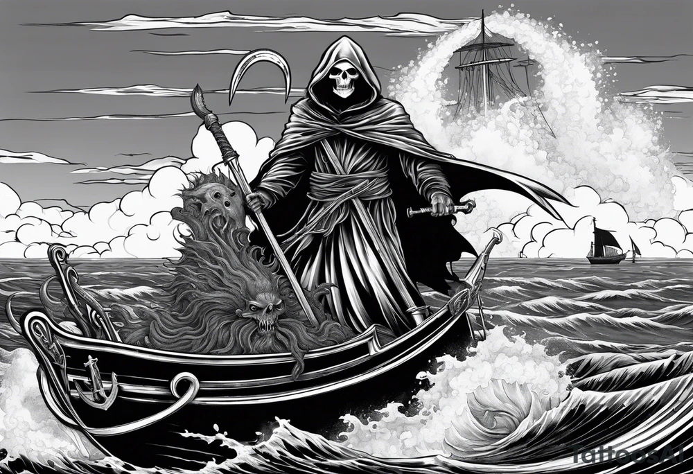 Grim reaper riding a ferry with a kraken in the background tattoo idea