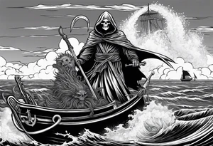 Grim reaper riding a ferry with a kraken in the background tattoo idea