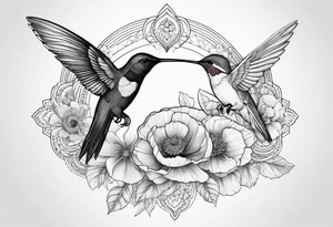 Fine line background black mandala with colorful poppy flowers and honeysuckle flowers and hummingbird tattoo idea
