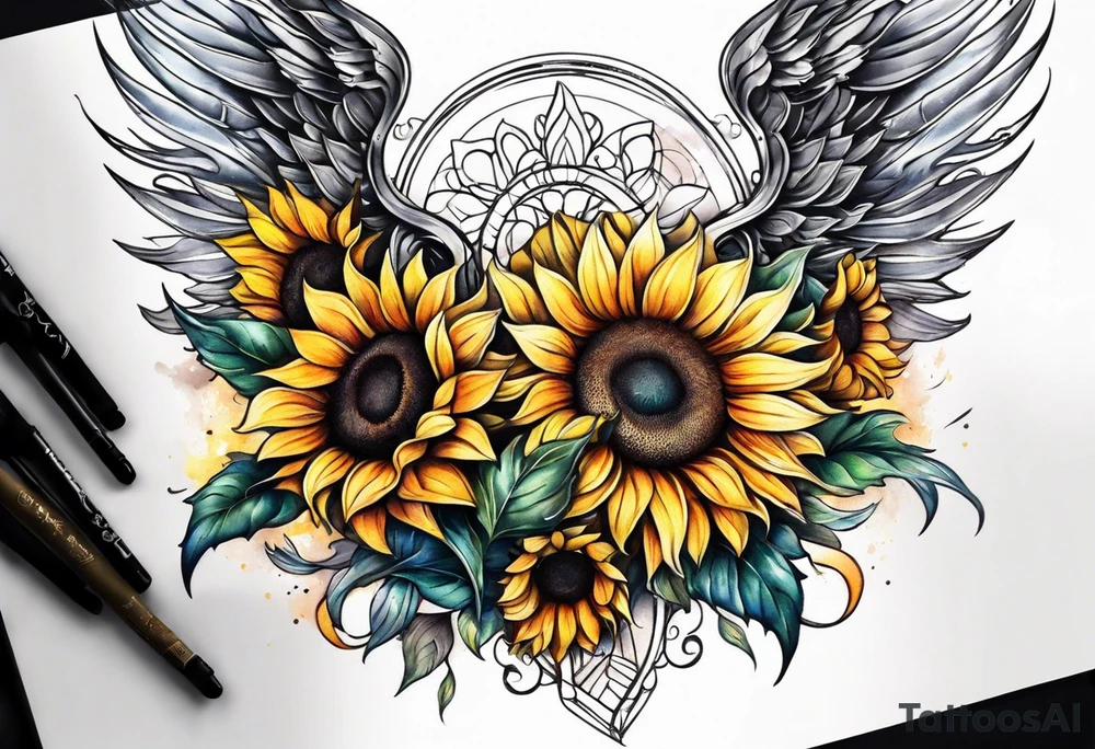 Sunflowers and angel wings leg sleeve tattoo idea