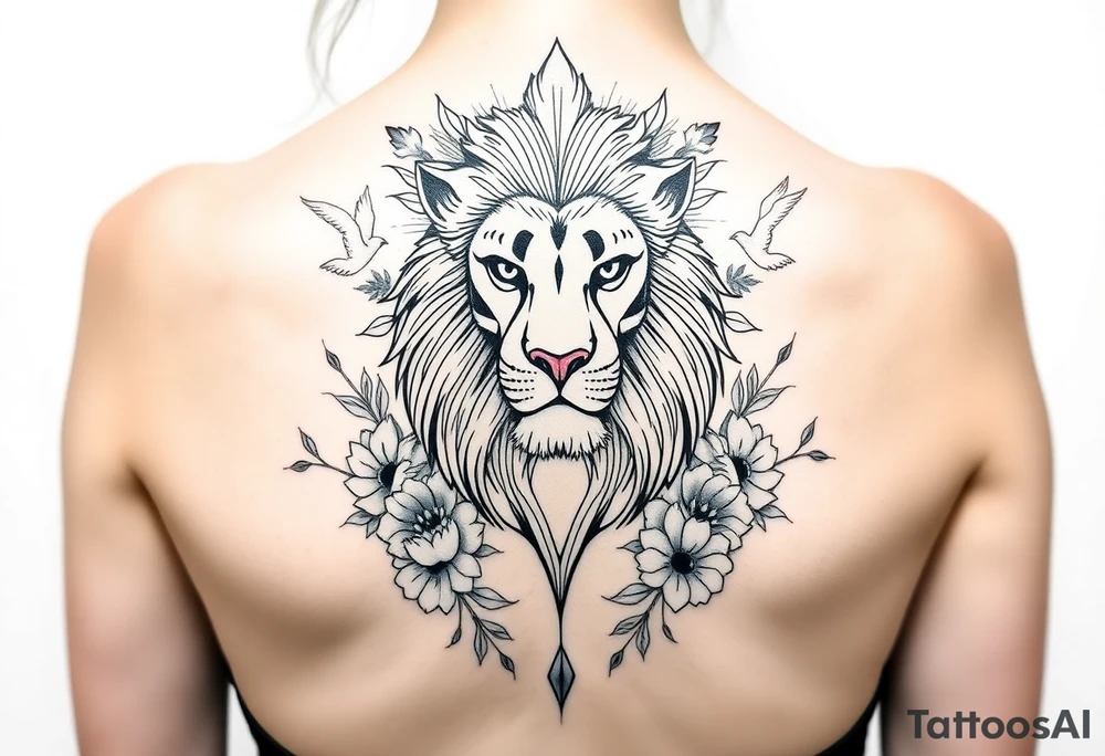 powerful majestic lion with a crown, surrounded by floral ornaments and birds tattoo idea
