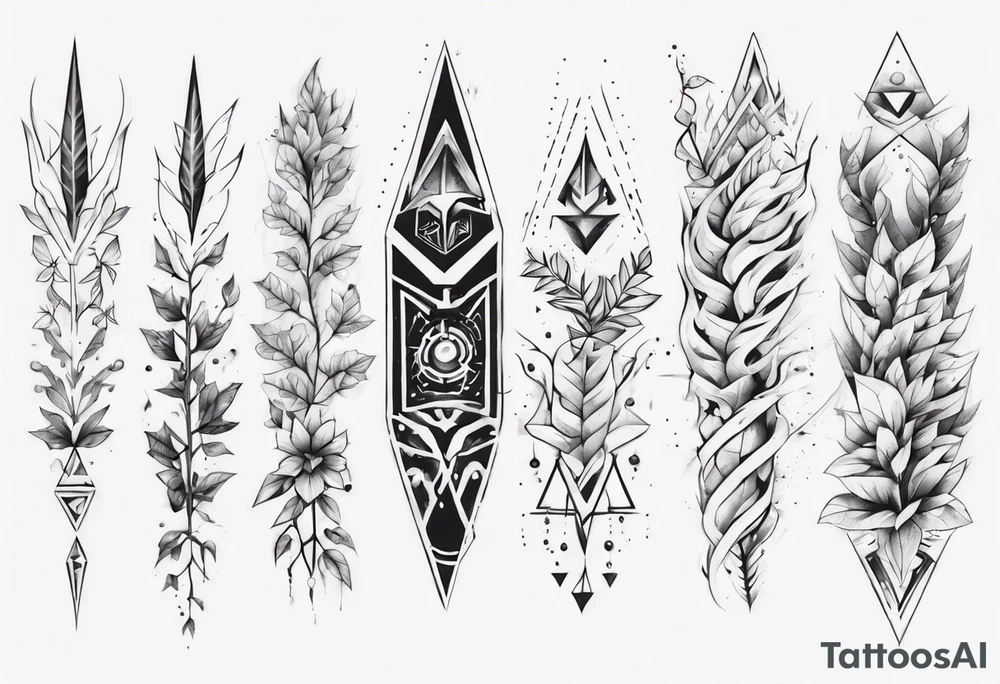 full arm tattoo. pointy leaves and geometric shapes tattoo idea