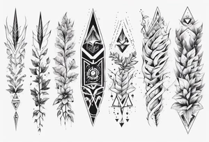 full arm tattoo. pointy leaves and geometric shapes tattoo idea