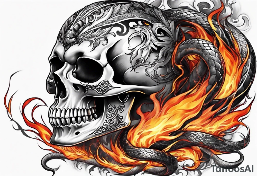 Skull with burning flames in mouth and snake through its eyes tattoo idea
