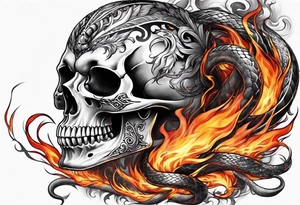 Skull with burning flames in mouth and snake through its eyes tattoo idea