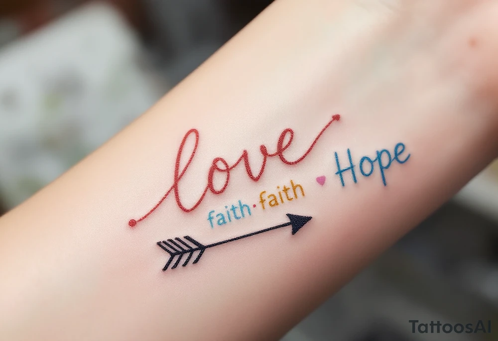 "Love" in dusty rose pink, "Faith" in antique gold, and "Hope" in sky blue, connected by a fine black arrow. tattoo idea
