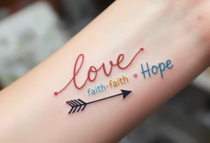 "Love" in dusty rose pink, "Faith" in antique gold, and "Hope" in sky blue, connected by a fine black arrow. tattoo idea