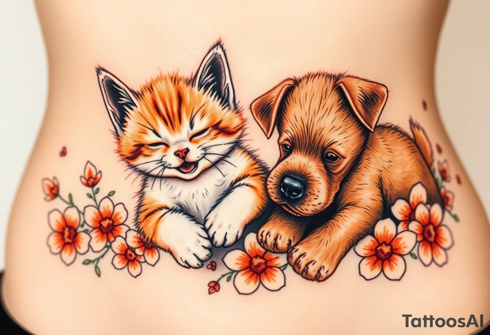 A white and orange kitten happy as can be I can even see a smile while a brown puppy full of love and joy rolling around in a bed of flowers together tattoo idea