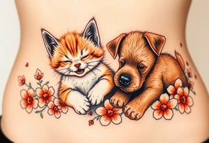 A white and orange kitten happy as can be I can even see a smile while a brown puppy full of love and joy rolling around in a bed of flowers together tattoo idea