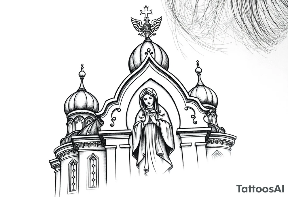 Flowing Scene

A onion domes orthodox church
Virgin Mary in prayer pose on the front doors of the russian orthodox church 
A small double headed russian coat of arms eagle or just the star tucked above the dome near the hairline tattoo idea