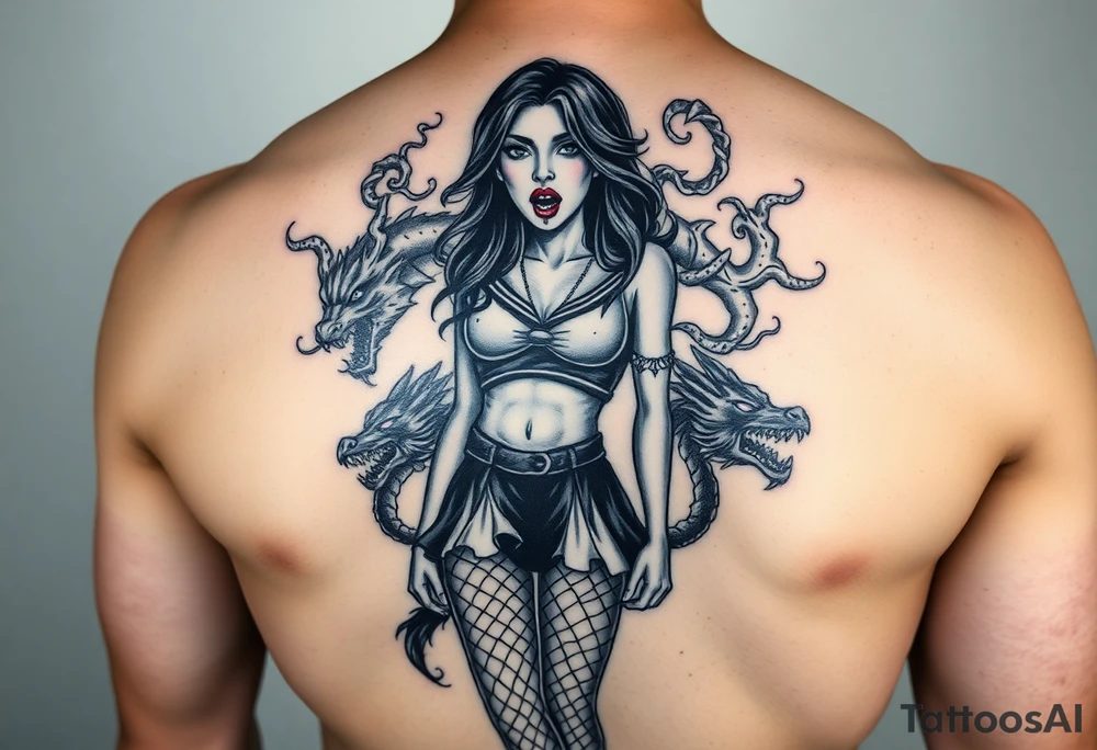 beautiful vampire woman with bloody mouth dressed in short skirt and sailors top with fishnet leggings and arms, surrounded by swirling smoke and blood that forms dragon head shapes tattoo idea