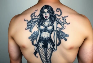 beautiful vampire woman with bloody mouth dressed in short skirt and sailors top with fishnet leggings and arms, surrounded by swirling smoke and blood that forms dragon head shapes tattoo idea