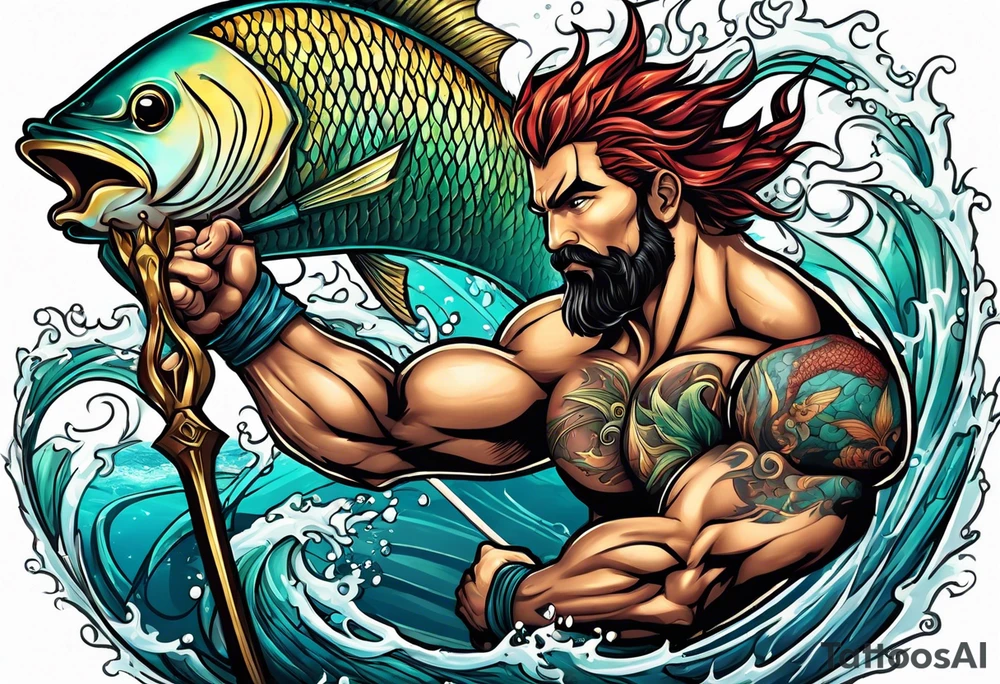 muscular
god 
posideon fighting a sport fish with a trident surrounded by sexy  mermaids tattoo idea