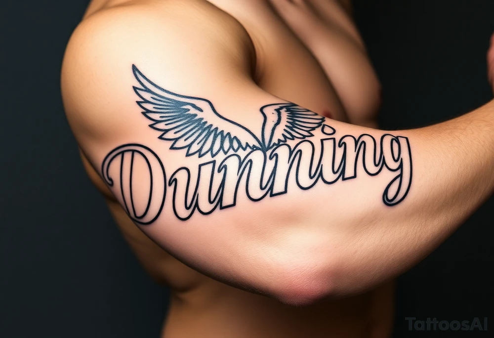 Dunning, Details include name in white color,angel wing, rain drop jungles leaves,cool font, gold tattoo idea