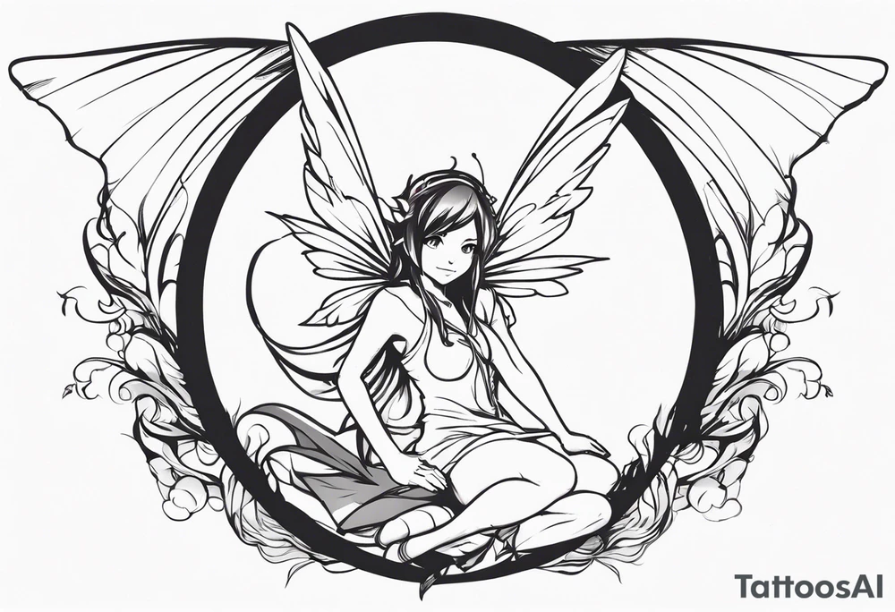 No color sketch of a fairy with a tail inspired by the guild symbol in the anime show called Fairy Tail in a fetal position leaning forward while crawled in and her body is an angle while floating in the air with big wings tattoo idea