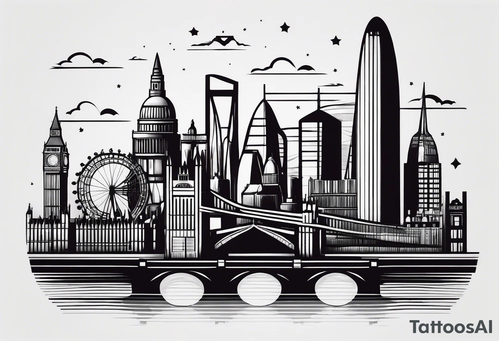 A minimalistic, abstract design capturing the architectural essence and vibe of London. Key elements of London’s skyline and structure are hinted at with clean lines, and subtle detailing includes personal touches, like a nod to Feid’s signature look (hat, glasses, mustache), integrated discreetly to honor a memorable concert experience. tattoo idea