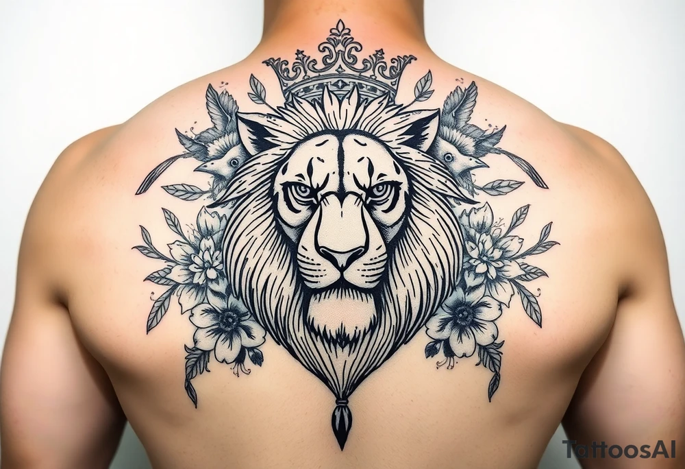 powerful majestic lion with a crown, surrounded by floral ornaments and birds tattoo idea