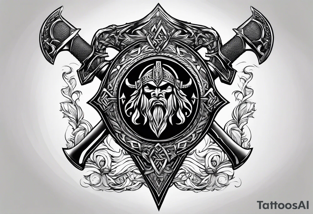 Valhalla  sword shield axe Valknut fog tattoo idea