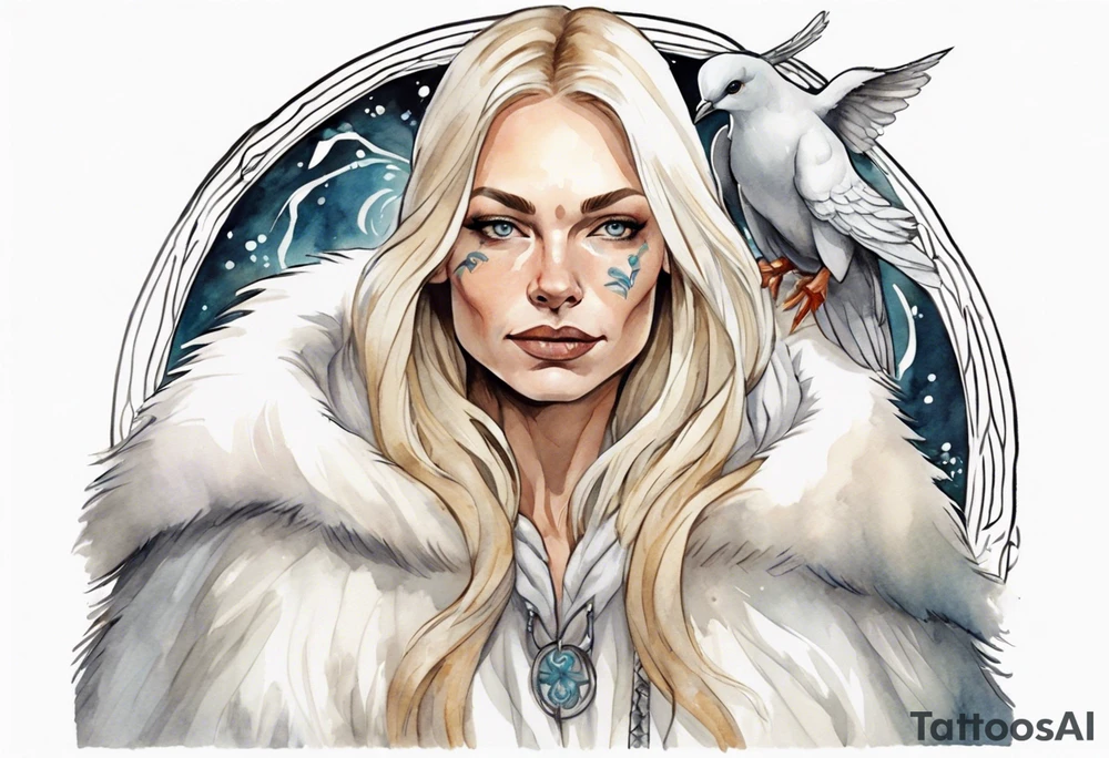 a 40-year-old Norse woman with blonde  hair wearing a white fur cloak with a dove on her shoulders tattoo idea