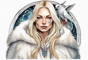 a 40-year-old Norse woman with blonde  hair wearing a white fur cloak with a dove on her shoulders tattoo idea