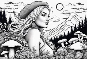 Chubby old blonde woman surrounded by mushrooms crescent moon mountains background tattoo idea