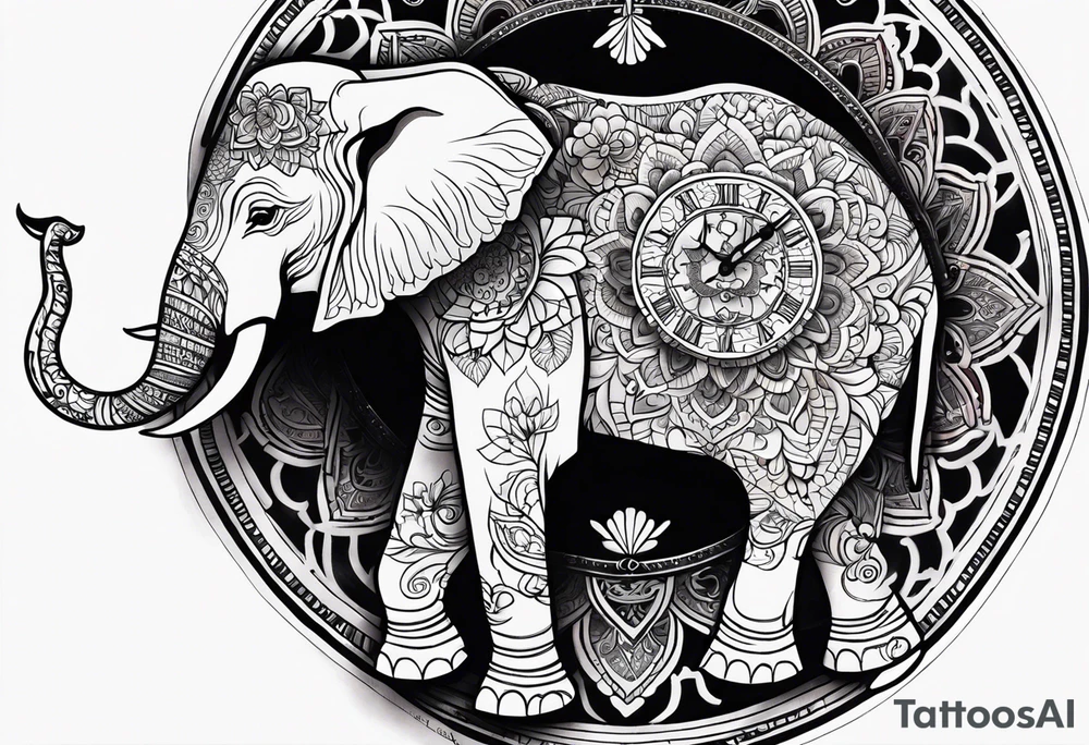 elephant, mandala, clock tattoo idea