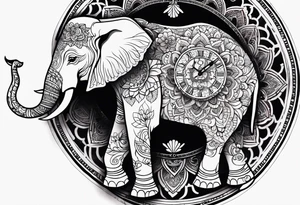 elephant, mandala, clock tattoo idea
