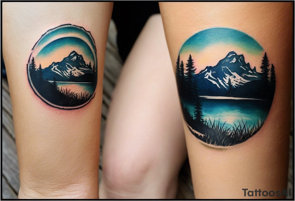 I want a calf tattoo with a super realistic paw print, including lifelike texture and shading, especially on the nails. Inside the paw print, there's a detailed nature scene: mountains, a lake, a stream, and southern oak trees with wide canopies like a traditional southern background. Keep the peeks of the mountains soft. The sun peeks over the mountains, shining and reflecting over the land and water, with realistic shading for depth. Around the paw print, l'd like a splotchy, fading background for a natural, textured look, but without any animals. The overall style should be detailed and realistic, with strong shading and dimension. No color and very realistic in the paw. tattoo idea