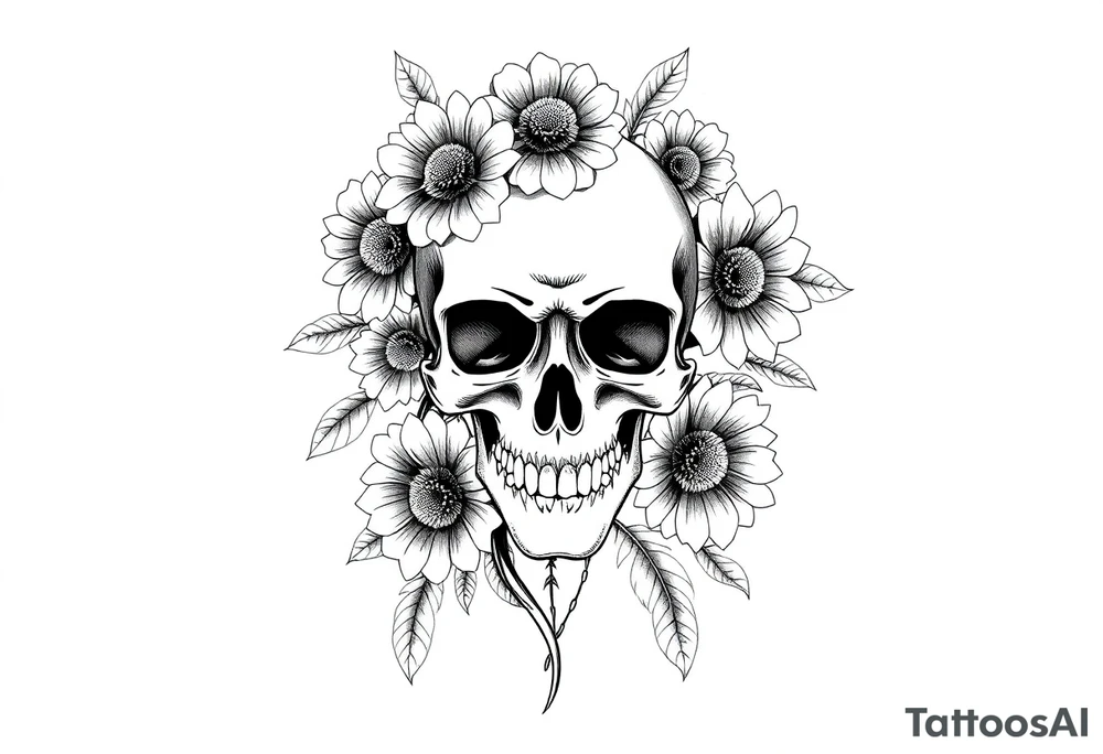ornate skull adorned with wild roses and sunflowers tattoo idea