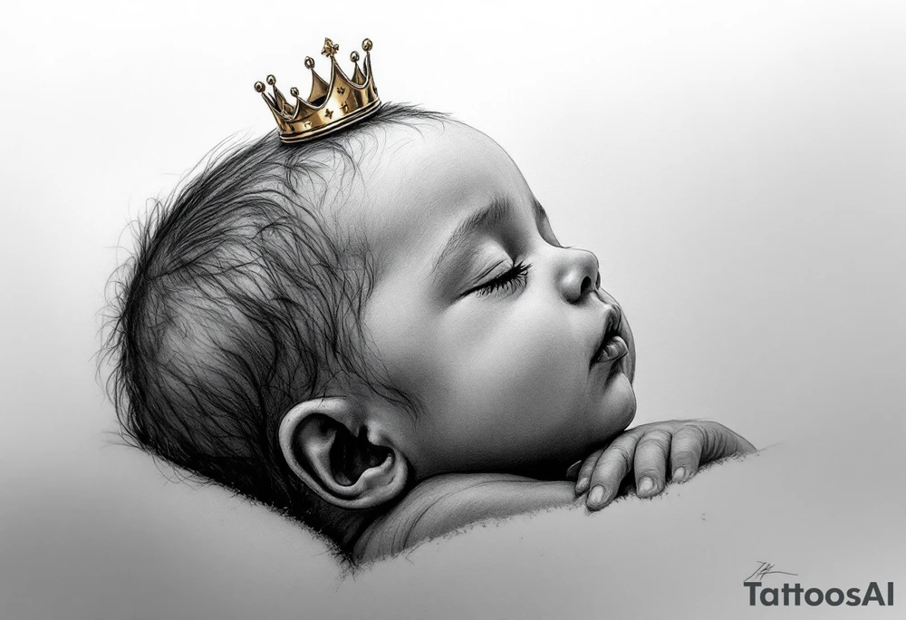 Profile portrait of a baby girl’s sleeping face with a tiny gold crown, shaded in grayscale with realistic detail. tattoo idea