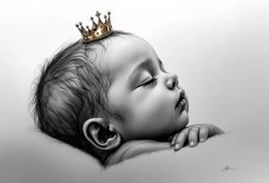 Profile portrait of a baby girl’s sleeping face with a tiny gold crown, shaded in grayscale with realistic detail. tattoo idea