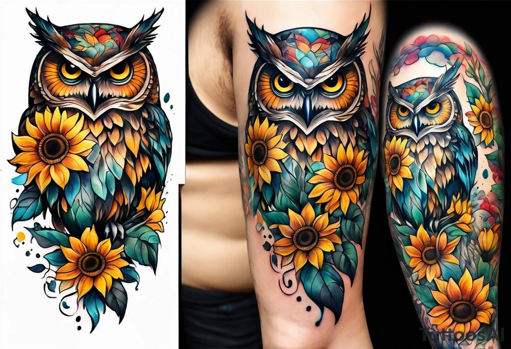 Leg sleeve with colorful sunflowers and an owl tattoo idea