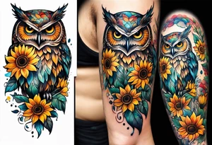 Leg sleeve with colorful sunflowers and an owl tattoo idea