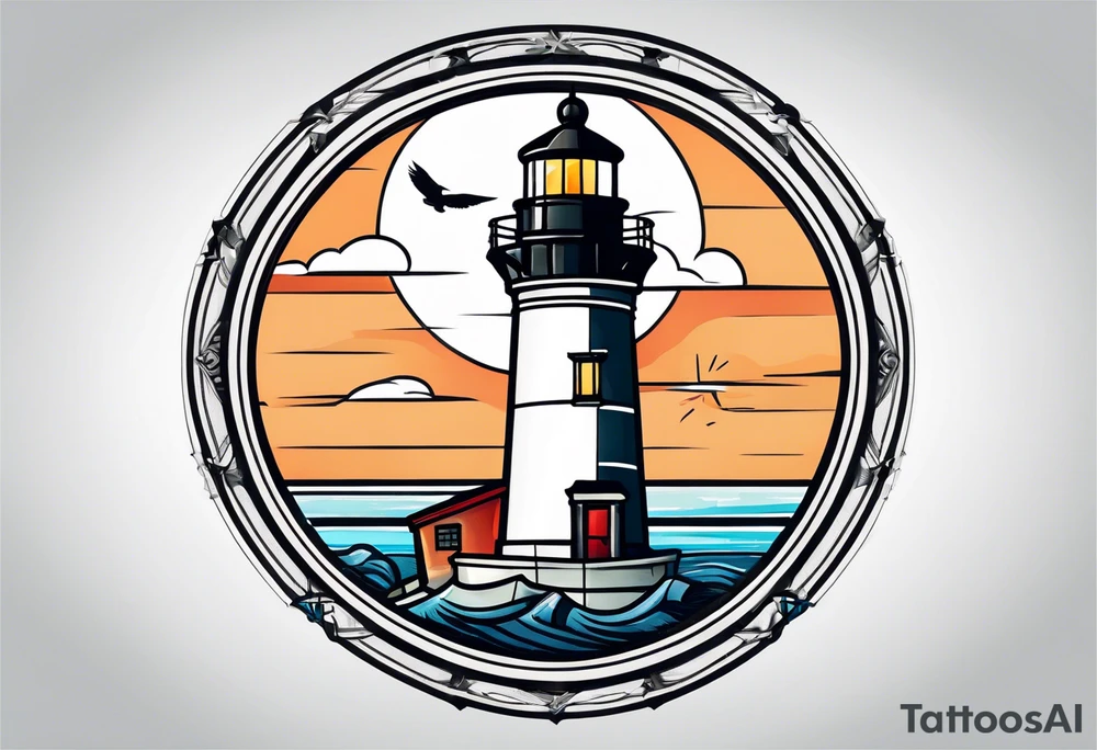lighthouse,  circle framed, minimalism tattoo idea