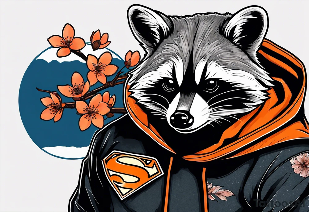 Raccoon wearing a white Superman logo on a black hoodie and orange Japanese cherry blossoms tattoo idea