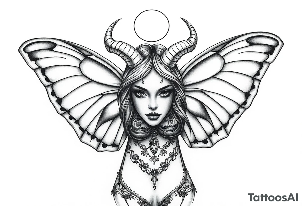 A powerful extremely sexy depiction of a start date with angel wings resembling that of a lunar moth and horns resembling the moths antennas with the son of of her head as if a Halo with two crescent men's off to each side full frontal nude with exotic see through lingerie tattoo idea