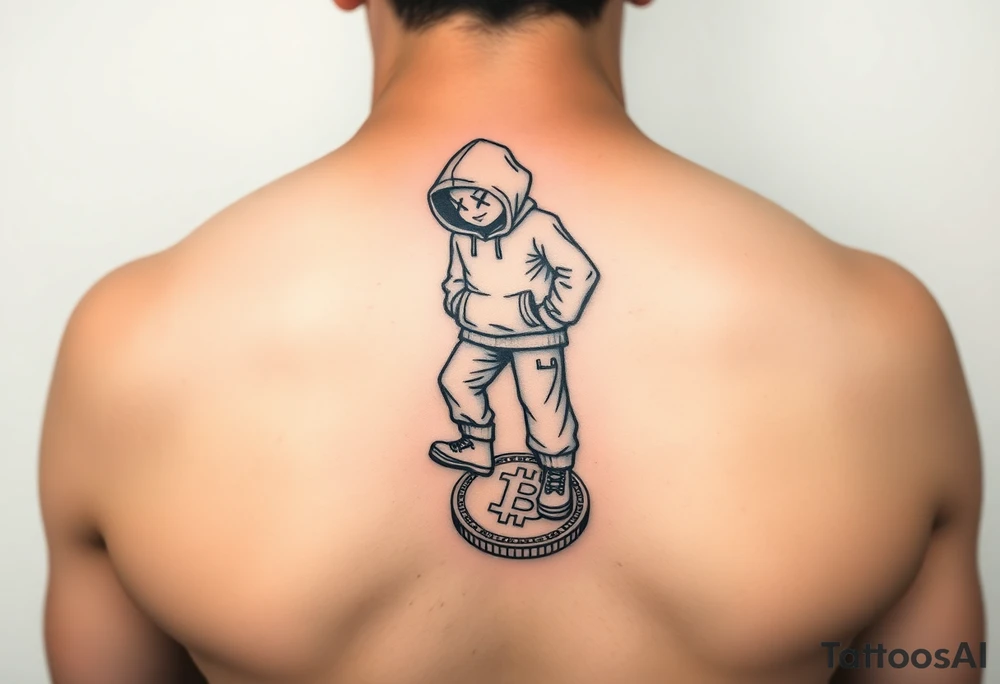 Create a custom neck tattoo stencil Use a street-art / pop-art vibe (cartoon figures, bold lines, “x” for eyes). Have the main character stepping on a bitcoin, make them have on a hoodie and jogger sweatpants tattoo idea