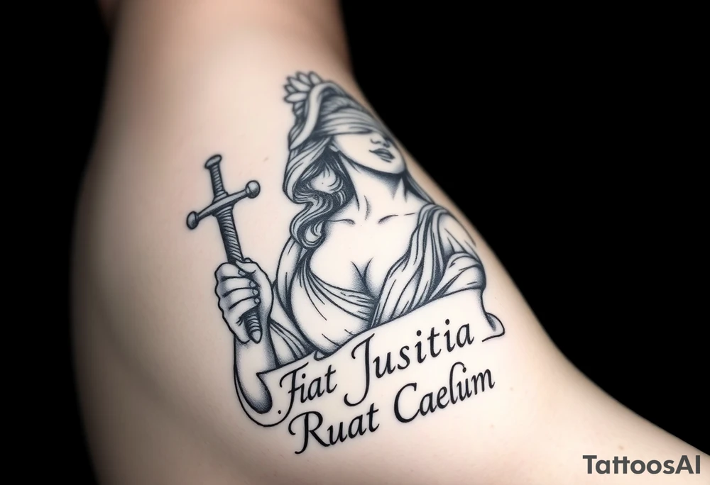 A striking black and grey tattoo design of a regal, blindfolded woman, symbolizing justice. She has an air of strength and wisdom, with flowing hair and a serene yet powerful expression. One breast must be exposed, representing vulnerability and truth. She holds a sword in one hand, symbolizing enforcement of justice, and a set of scales in the other, signifying balance. The Latin phrase ‘Fiat Justitia Ruat Caelum’ is elegantly inscribed in a classical, Roman-inspired font, either flowing beneath her or wrapping around the design. The overall style is a fusion of realism and fine-line tattoo artistry, with intricate shading and dramatic contrasts to give depth and texture. make it to fit the upper right arm tattoo idea