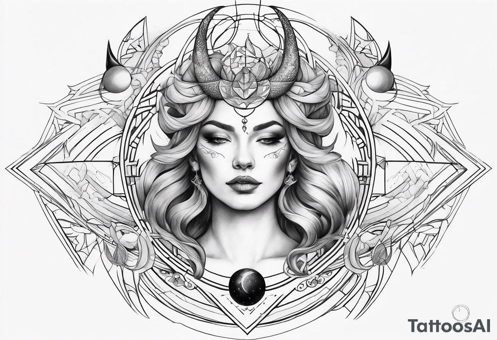 Feminine Capricorn tattoo with geometric designs subs and moons with Saturn tattoo idea