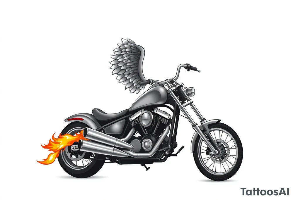 Low rider grey motorcycle, big muffler pipes with flames, angel wings, driving away, no person tattoo idea