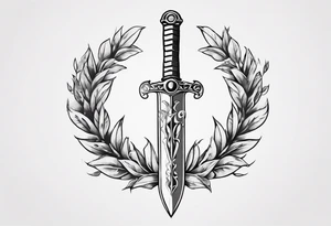A sword and the number 13 in the middle of a laurel leaf wreath tattoo idea