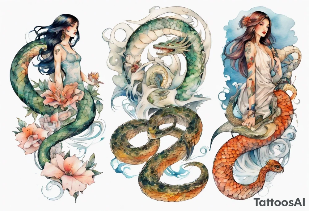 a beautiful woman seas serpent hybrid tattoo idea