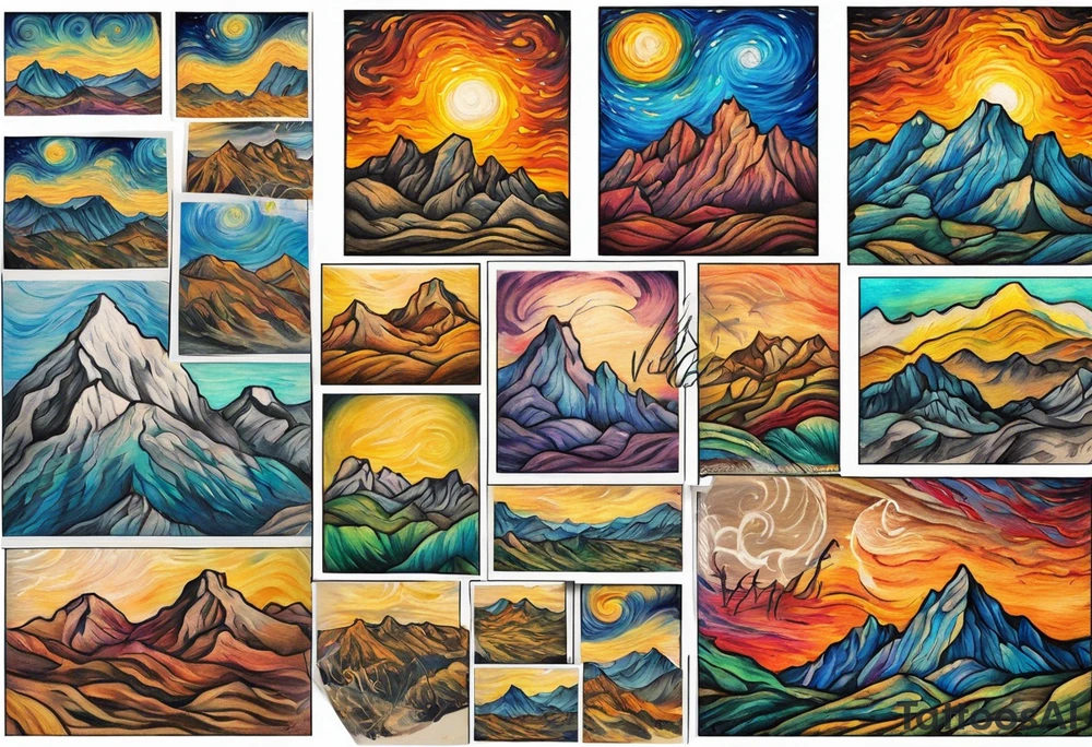 Small tattoo of New Mexico mountains, Van Gogh style, vibrant colors, swirling brushstrokes, detailed peaks, high quality, Van Gogh style, vibrant colors, swirling brushstrokes, detailed, professional, atmospheric lighting tattoo idea