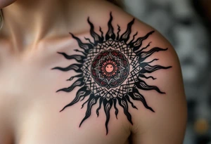 A bold black Celtic sun tattoo with red accents radiates tribal power across the upper shoulder. tattoo idea