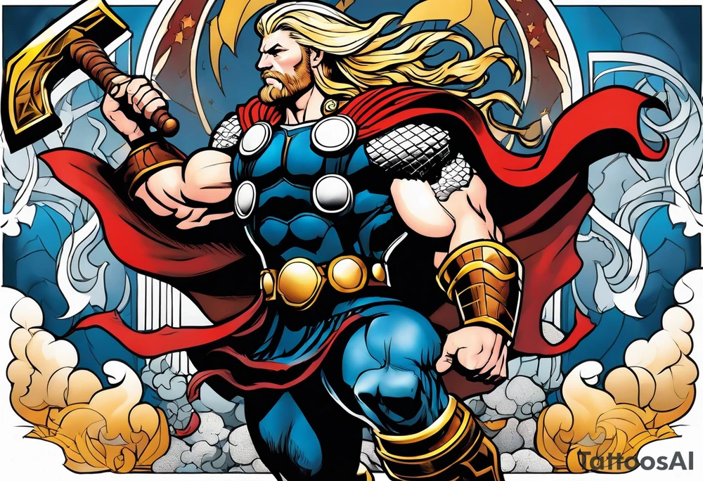 The Mighty Thor from comics in the 70's with a vignette in the background tattoo idea