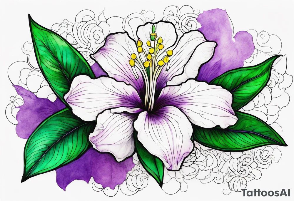An outline of a rio dipladenia flower with a green and purple watercolor background tattoo idea