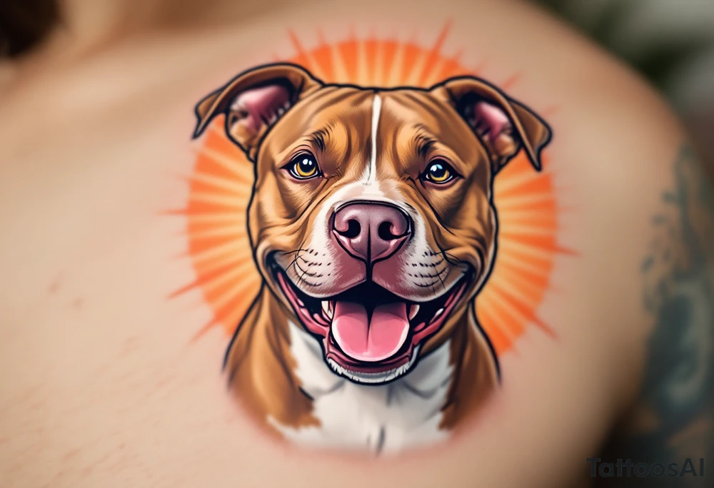 Portrait of a smiling pitbull, soft brown fur and white chest, playful expression, set against a sunburst background in warm orange tones. tattoo idea