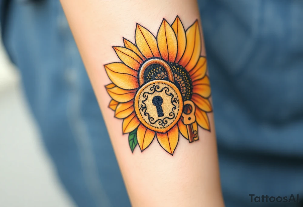 A sunflower lock with a bronze key flowing near the lock within its petals, radiating warmth and positivity tattoo idea